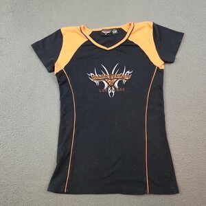 Harley-Davidson Cafe Shirt Womens XL Black Orange Las Vegas V Neck Tribal Art